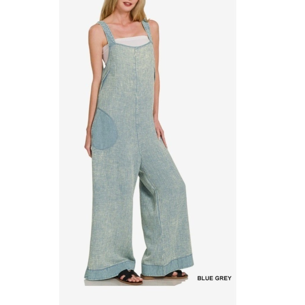 Zenana Blue Grey Washed Double Gauze Wide Leg Tie Back Overalls Small